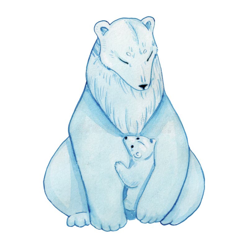 Polar bear. Watercolor illustration. Cute baby bear. Illustration for design. Bear with cub. Mother and child. Lovely family