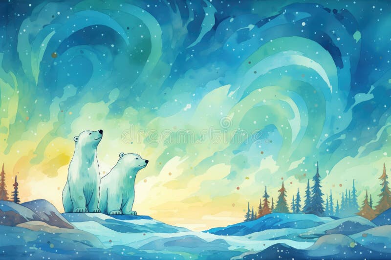 Polar Bears Gazing at Northern Lights Stock Photo Image of northern