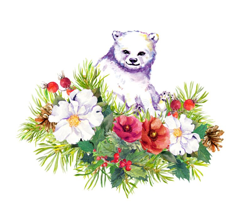 Polar white bear, winter flowers, fir tree, christmas mistletoe. Watercolor