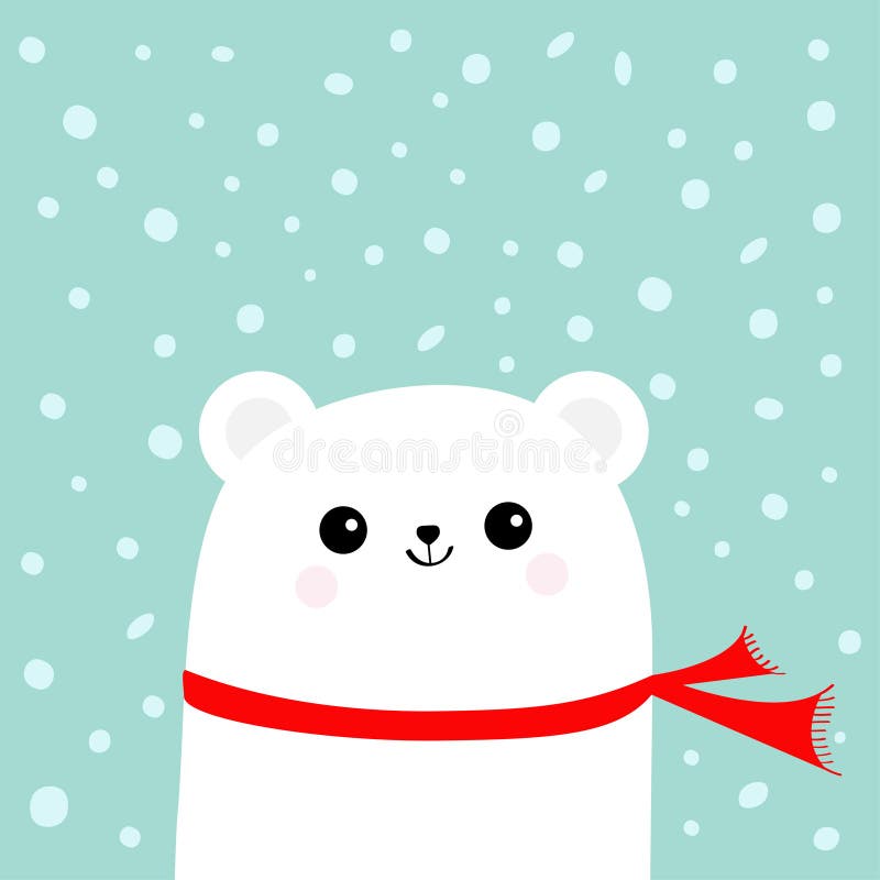 Polar white little small bear cub wearing red scarf. Head face with eyes and smile. Cute cartoon baby character. Arctic animal col