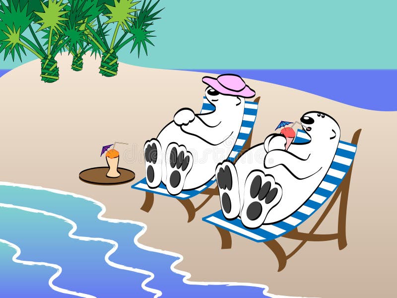 Illustration of two polar bears on vacation at the beach. Illustration of two polar bears on vacation at the beach.