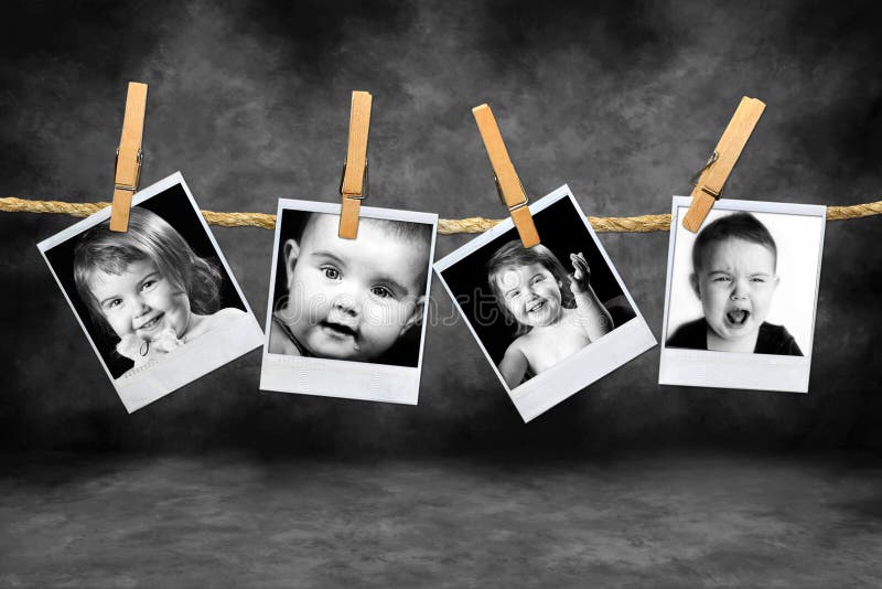 Polaroid Photos of a Toddlers Many Expressions Against a Grunge Mottled Background. Polaroid Photos of a Toddlers Many Expressions Against a Grunge Mottled Background