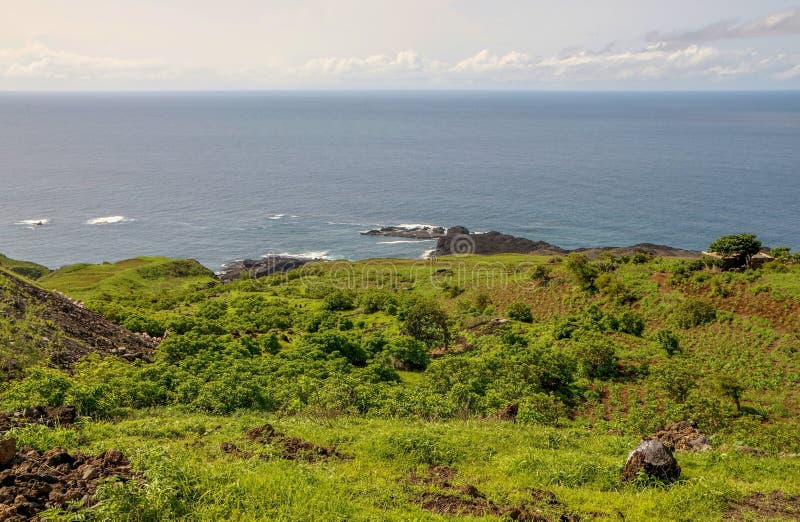 Grass field over the bay of Salinas on the island of Fogo, Cabo Verde. Grass field over the bay of Salinas on the island of Fogo, Cabo Verde