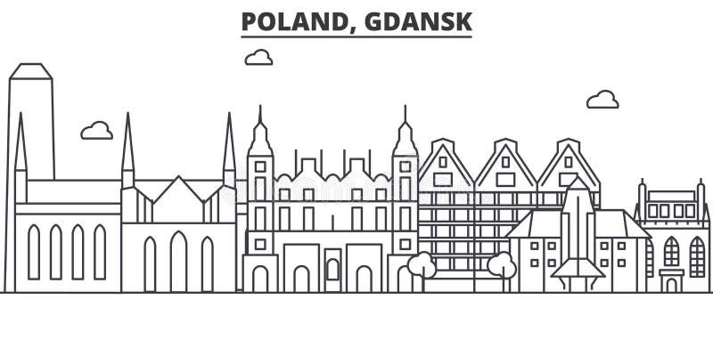 Polen Gdansk arkitekturlinje horisontillustration Linjär vektorcityscape med berömda gränsmärken, stad siktar stock illustrationer Polen Gdansk arkitekturlinje horisontillustration Linjär vektorcityscape med berömda gränsmärken, stad siktar stock illustrationer