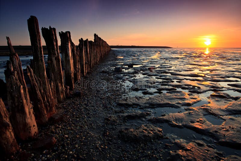 Poles in the ocean at sunset