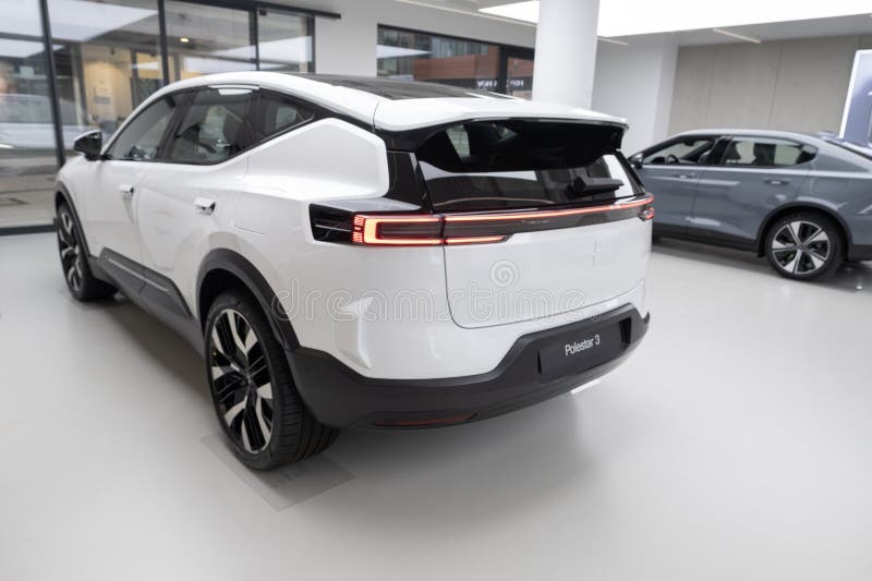 Polestar 3 car model in Studio, Volvo’s EV subsidiary, grey electric passenger vehicle in exhibition hall, alternative energy development, High Tech Technology, Stuttgart, Germany - December 16, 2024. Development ev stock images, royalty-free photos and pictures