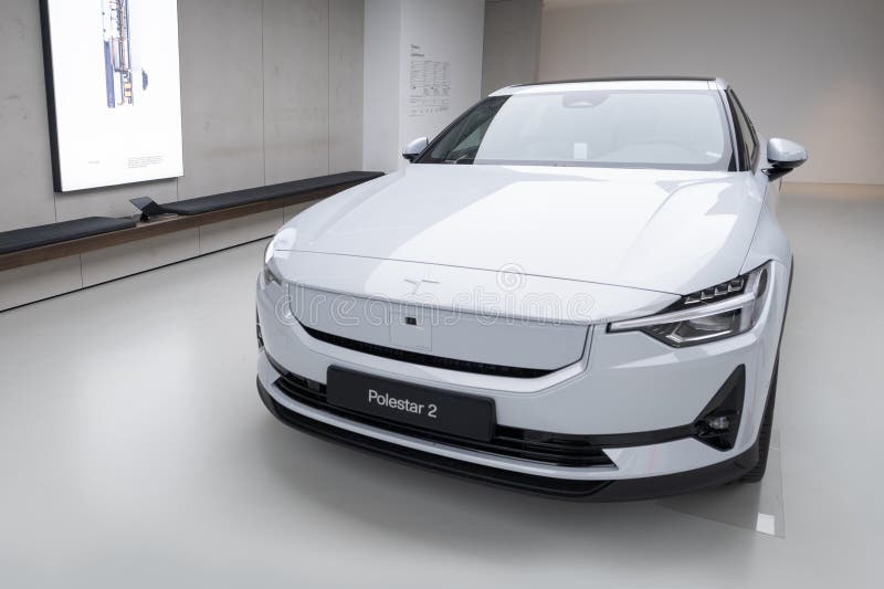Polestar 2 car model in Studio, Volvo’s EV subsidiary, grey electric passenger vehicle in exhibition hall, alternative energy development, High Tech Technology, Stuttgart, Germany - December 16, 2024. Development ev stock images, royalty-free photos and pictures