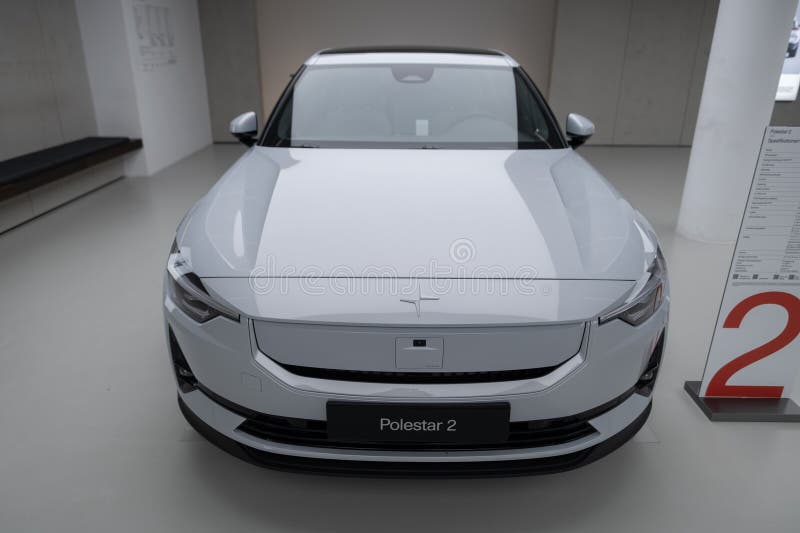 Polestar 2 car model in Studio, Volvo EV subsidiary, grey electric passenger vehicle in exhibition hall, alternative energy development, High Tech Technology, Stuttgart, Germany - December 16, 2024. Development ev stock images, royalty-free photos and pictures