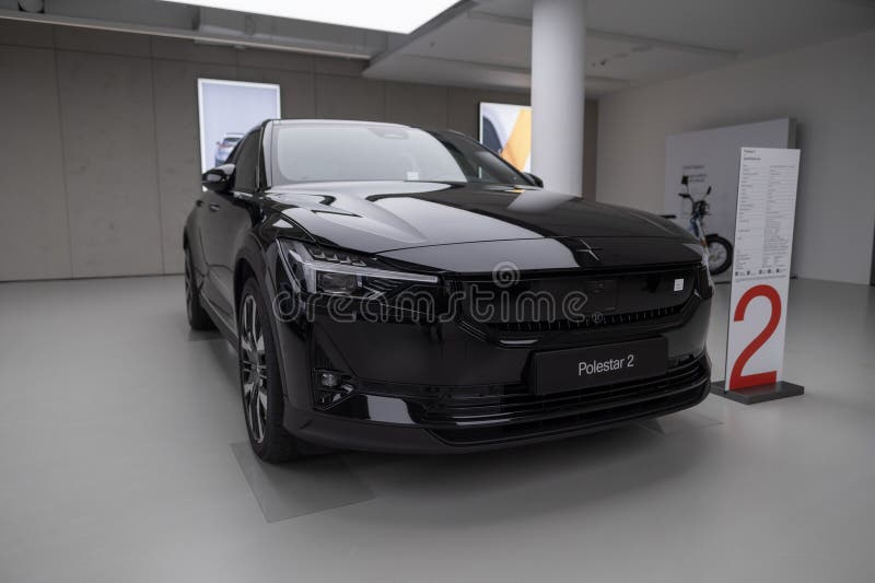 Polestar 2 car model in Studio, Volvo EV subsidiary, grey electric passenger vehicle in exhibition hall, alternative energy development, High Tech Technology, Stuttgart, Germany - December 16, 2024. Development ev stock images, royalty-free photos and pictures