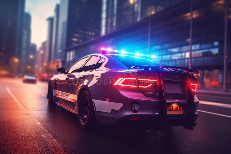 Police Car with Flashing Lights in a Modern City. Ai Generative Stock