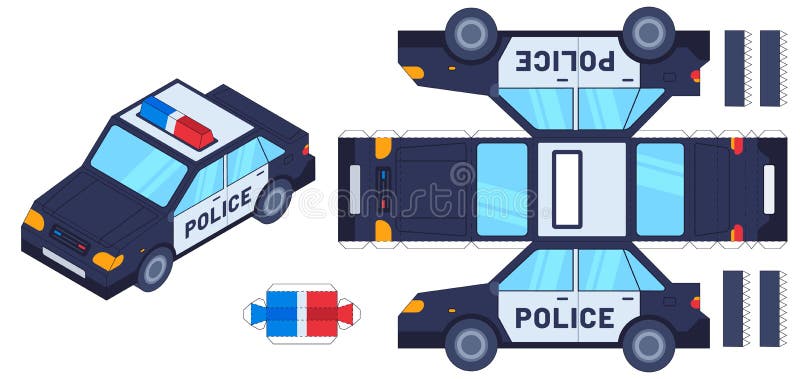 Police car paper cut toy. Kids crafts, create toys with scissors and glue. Paper cop vehicle, 3d model worksheet vector