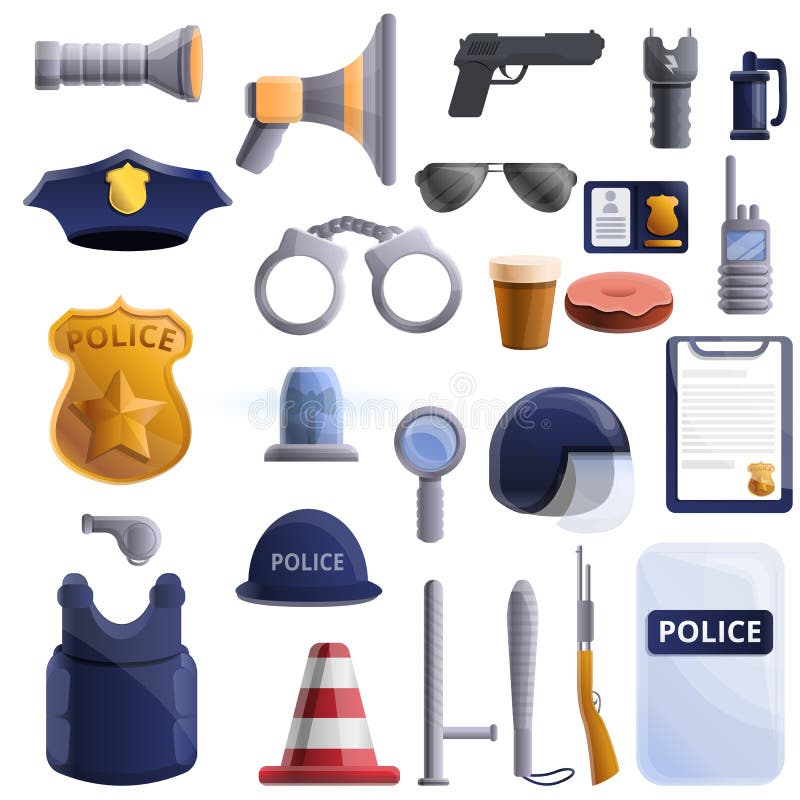 Police equipment icons set, cartoon style vector illustration Police equipment icons set, cartoon style vector illustration