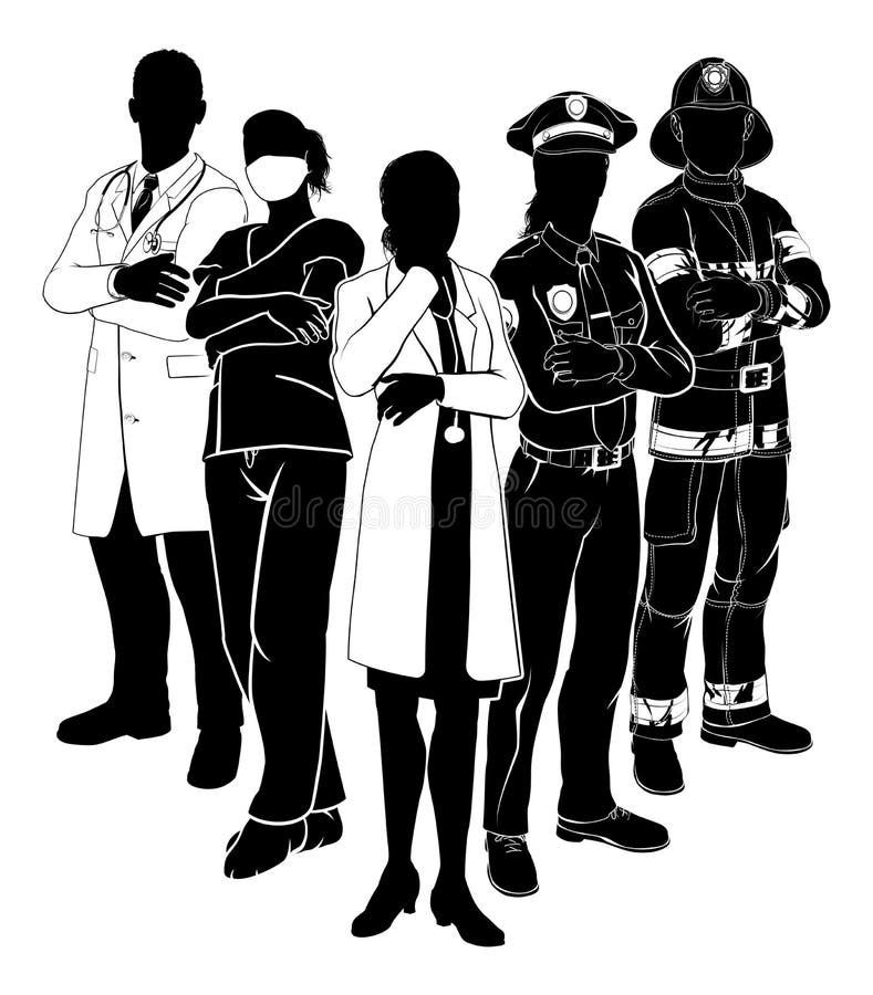 Echipa de urgență a medicului de pompieri a poliției siluete royalty free illustration