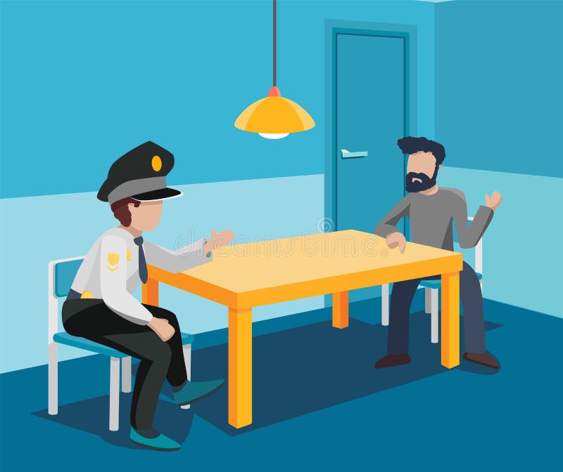A police investigator interrogates a criminal in an interrogation room. An attacker and an officer are sitting at a table in a