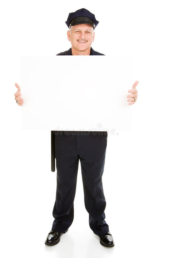 Full body view of a friendly police officer (or security guard) holding a blank white sign. Isolated on white and ready for your text. Full body view of a friendly police officer (or security guard) holding a blank white sign. Isolated on white and ready for your text.