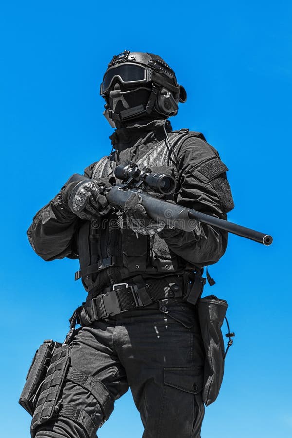 Police sniper in action stock image. Image of helmet - 60780401