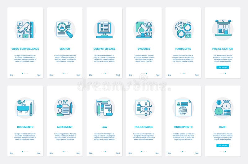 Police station service, criminal database UX, UI onboarding mobile app page screen set royalty free illustration