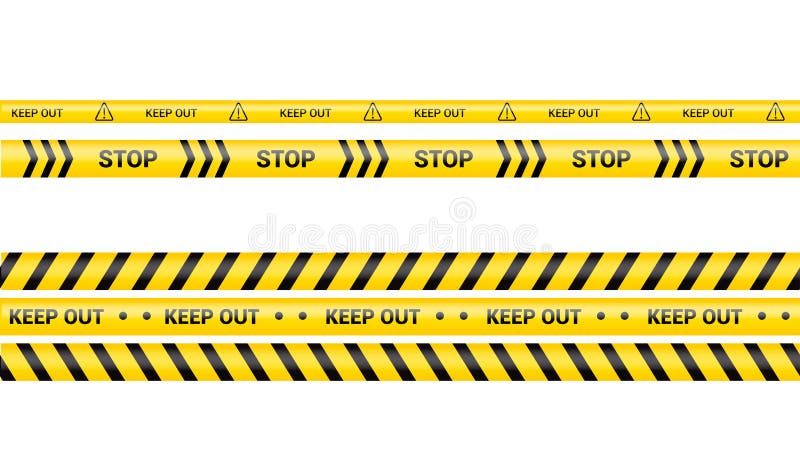 Police tape, crime danger line. Caution police lines isolated. Warning keep out tapes. Set of yellow warning ribbons. Vector royalty free stock images