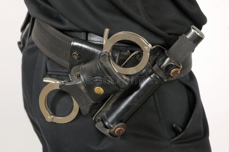 Police utility belt with cuffs and baton