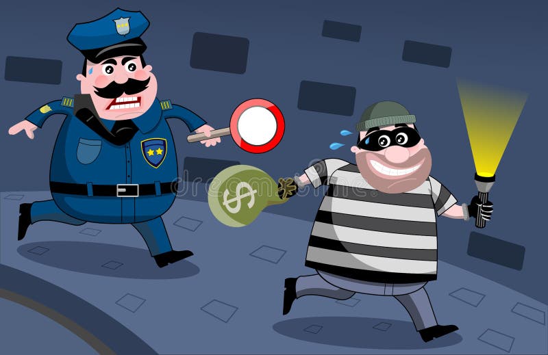 Illustrazione con cartoon grasso arrabbiato poliziotto in esecuzione dopo cartoon banca ladro che sta scappando con il bottino di notte.
