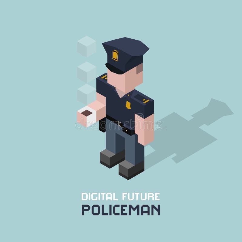 Policeman with coffee. Cubes composition isometric vector illustration of police officer. Cop with cup of coffee