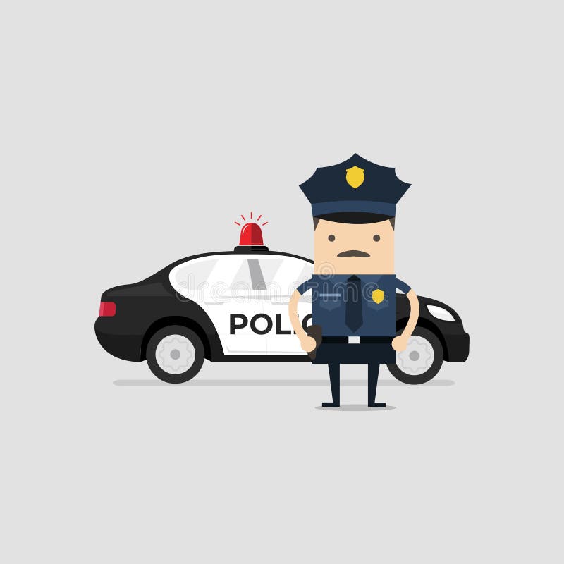 Policeman Officer in Uniform with Police Car. Funny Cop Cartoon Character Stock Vector - Illustration of justice, people: 143563988 Policeman Officer in Uniform with Police Car. Funny Cop Cartoon Character Stock Vector - Illustration of justice, people: 143563988