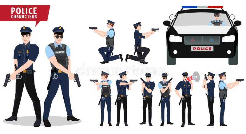 Policeman and police car vector character set. Law enforcers characters holding gun with various postures