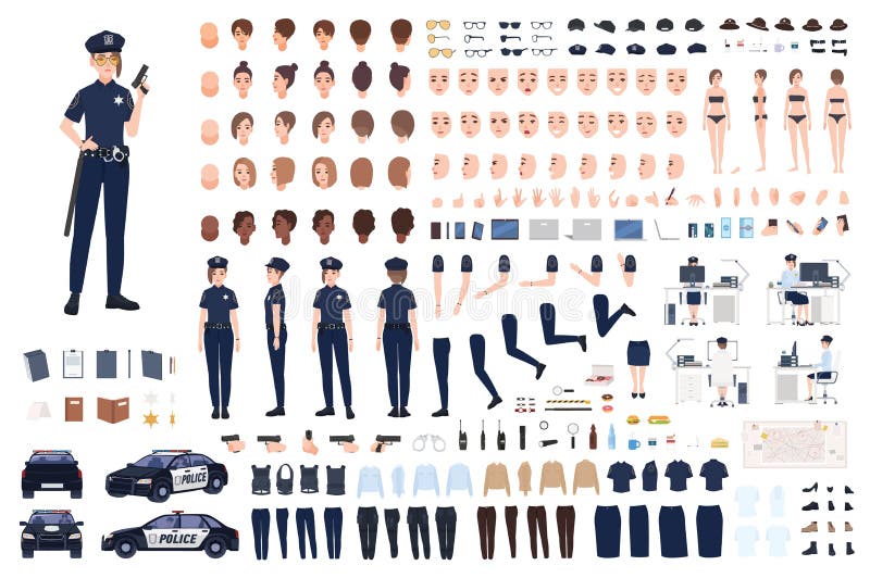 Policewoman Constructor or DIY Kit. Collection of Female Police Officer  Body Parts, Facial Expressions, Hairstyles Stock Vector - Illustration of  constructor, cartoon: 114041448