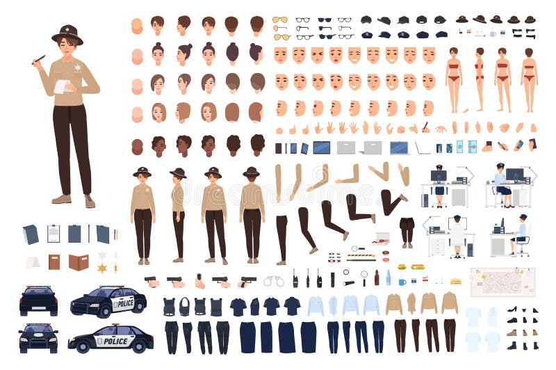 Policewoman constructor set or animation kit. Collection of female police officer body parts, gestures, postures