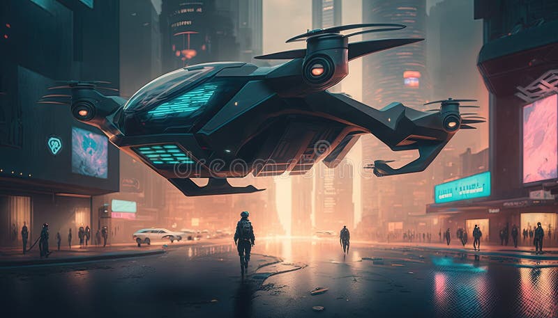 Policja lotnicza obserwacja drona quadcopter miejska policja lotnicza. ai generacyjne ilustracja wektor