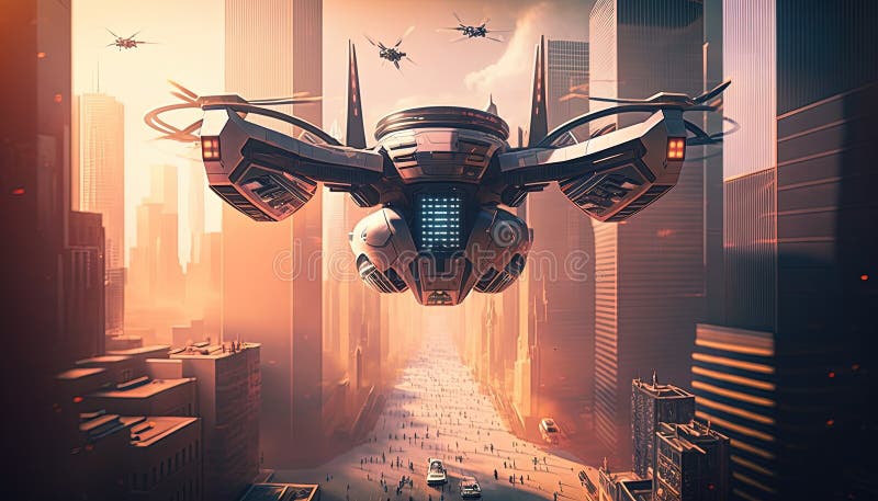 Policja lotnicza obserwacja drona quadcopter miejska policja lotnicza. ai generacyjne ilustracji