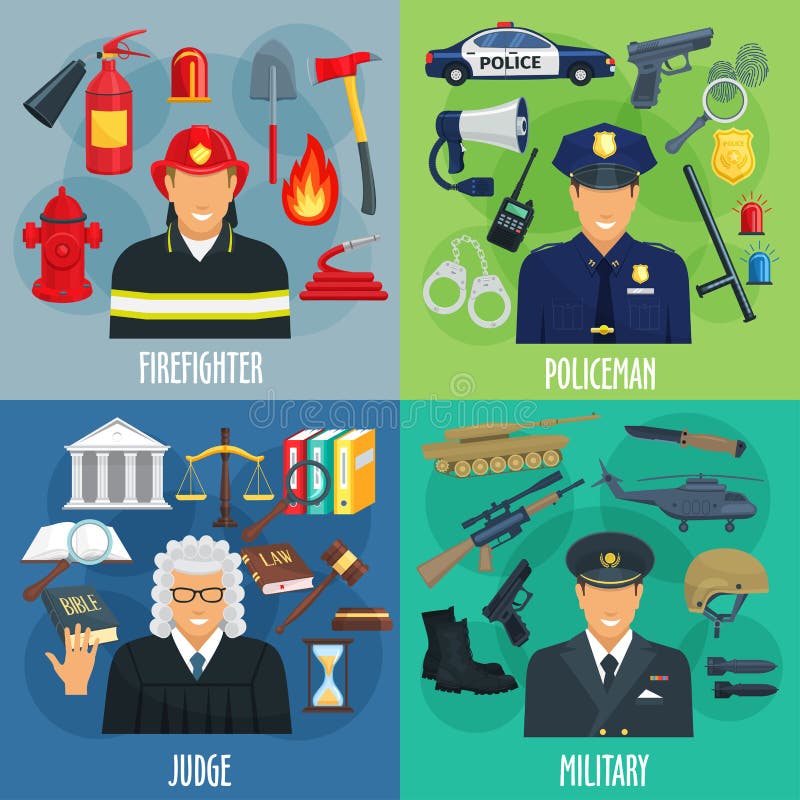 Policjant, strażak, wojskowy, sędzia ikony set royalty ilustracja Policjant, strażak, wojskowy, sędzia ikony set royalty ilustracja
