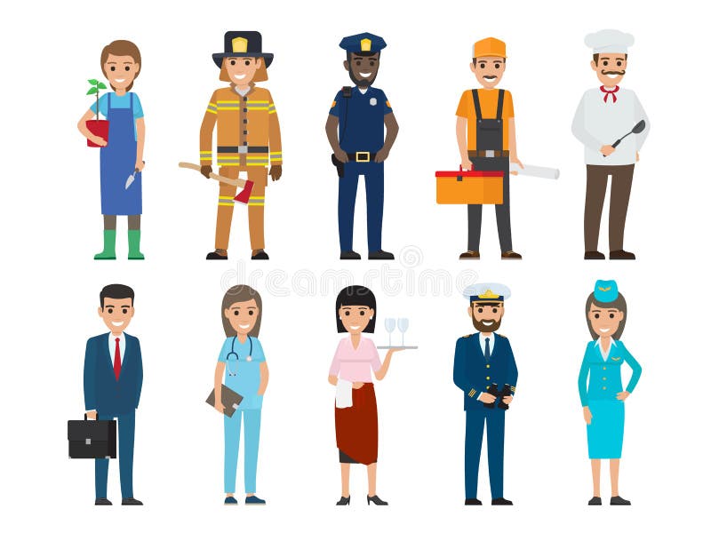 Policeman and lifesaver, mariner and cook, stewardess and doctor, manager with briefcase, builder and gardener with plant and waiter vector. Policeman and lifesaver, mariner and cook, stewardess and doctor, manager with briefcase, builder and gardener with plant and waiter vector