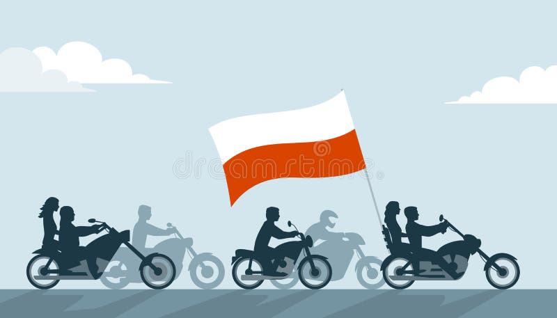 Polish bikers on motorcycles with national flag