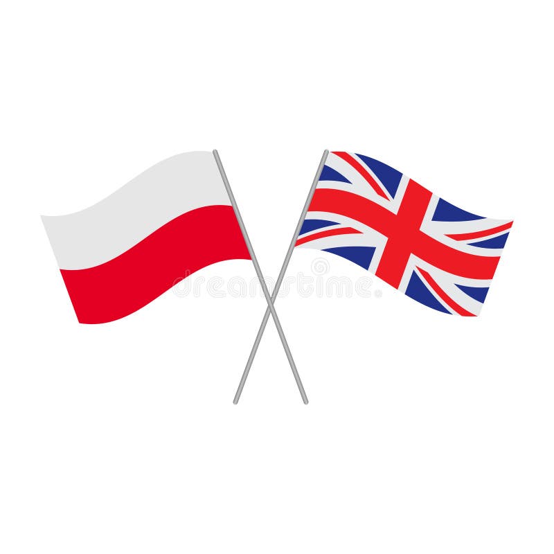 British and Polish Flag Pair on a Desk Over Defocused Background Stock