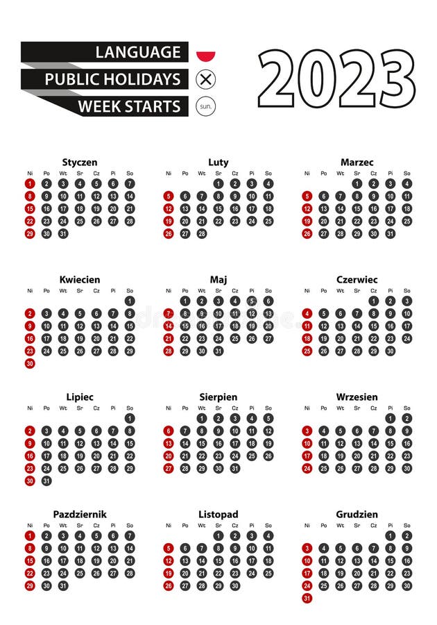 Polish Calendar 2023 with Numbers in Circles, Week Starts on Sunday