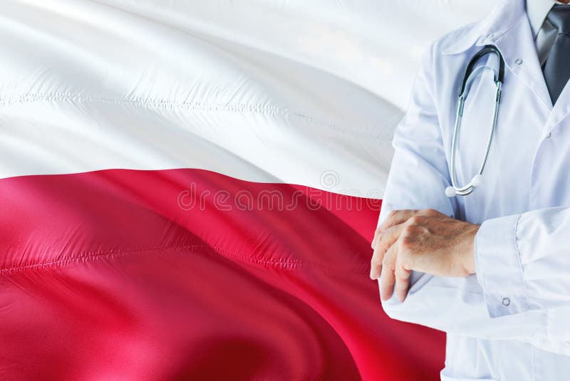 Polish Doctor standing with stethoscope on Poland flag background. National healthcare system concept, medical theme stock image Polish Doctor standing with stethoscope on Poland flag background. National healthcare system concept, medical theme stock image