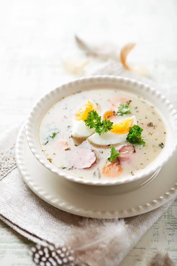 Polish Easter Soup Made With Ray Flour, Egg And Sausage Stock Image
