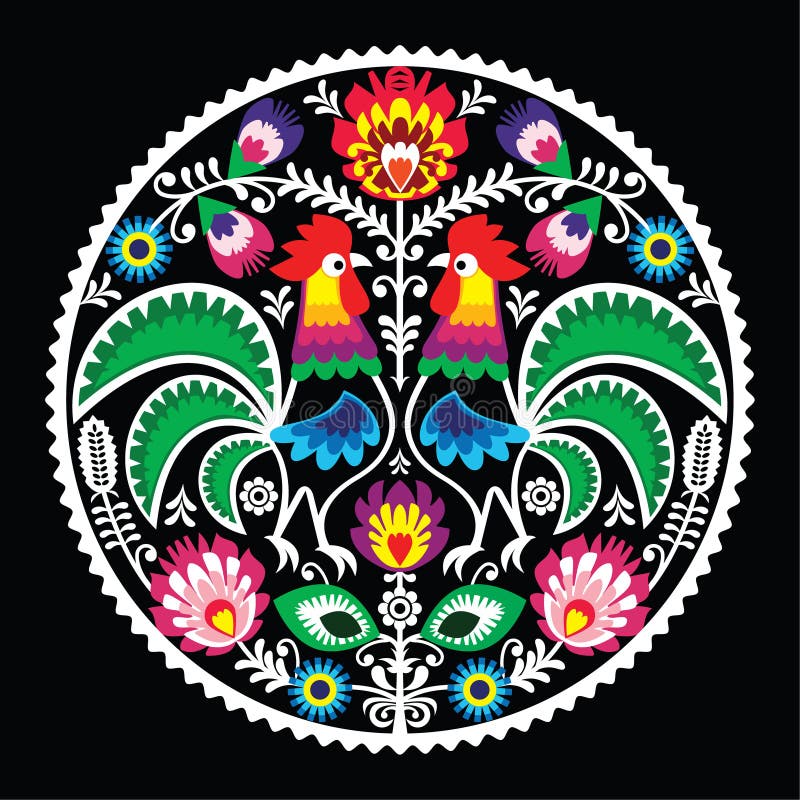 Polish floral embroidery with roosters - traditional folk pattern stock illustration Polish floral embroidery with roosters - traditional folk pattern stock illustration