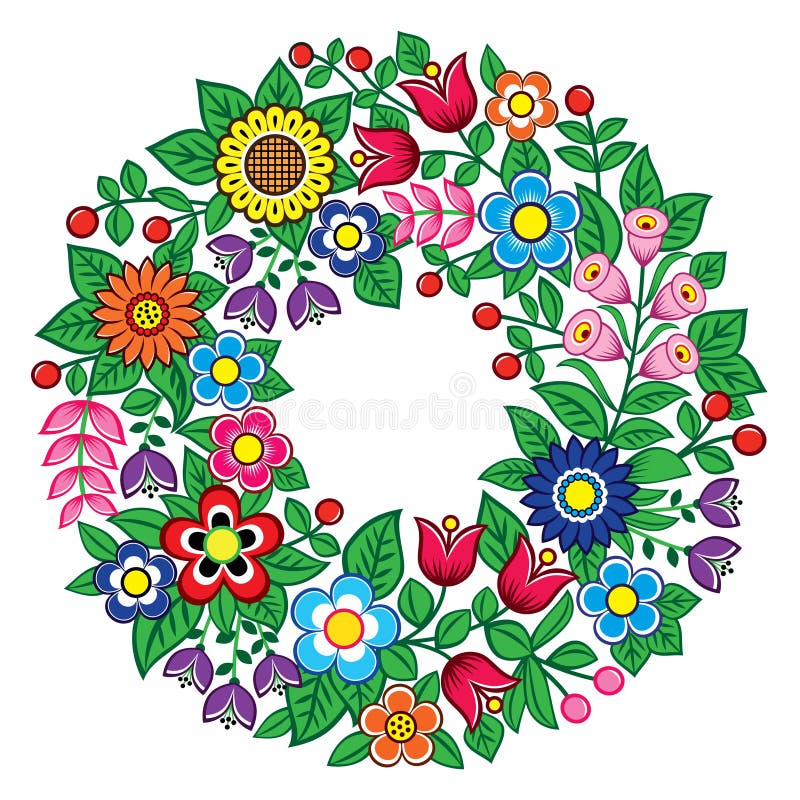 Polish folk art vector floral wreath design - Zalipie decorative pattern with flowers and leaves