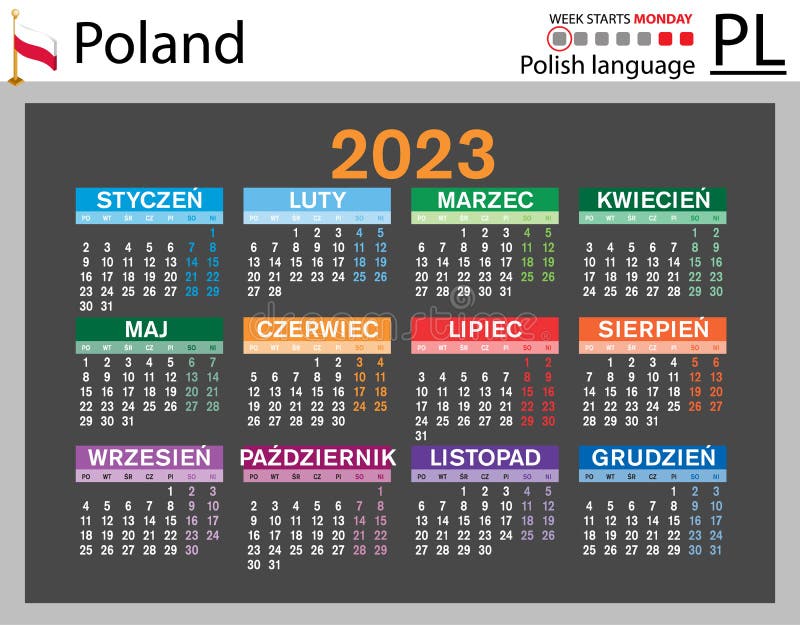 Polish Horizontal Pocket Calendar for 2023. Week Starts Monday Stock