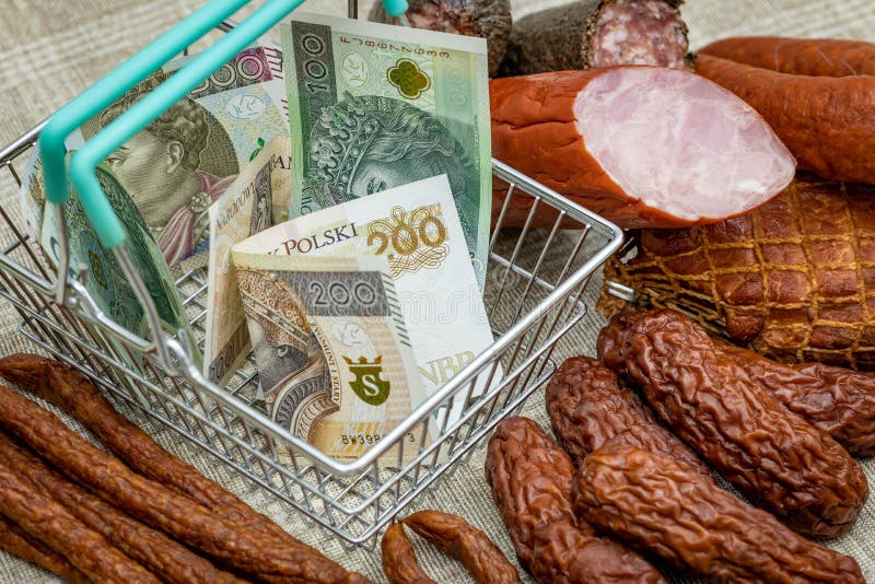 Polish money, Large denominations in an empty shopping basket, around various types of cold cuts, Concept, Rising prices of meat
