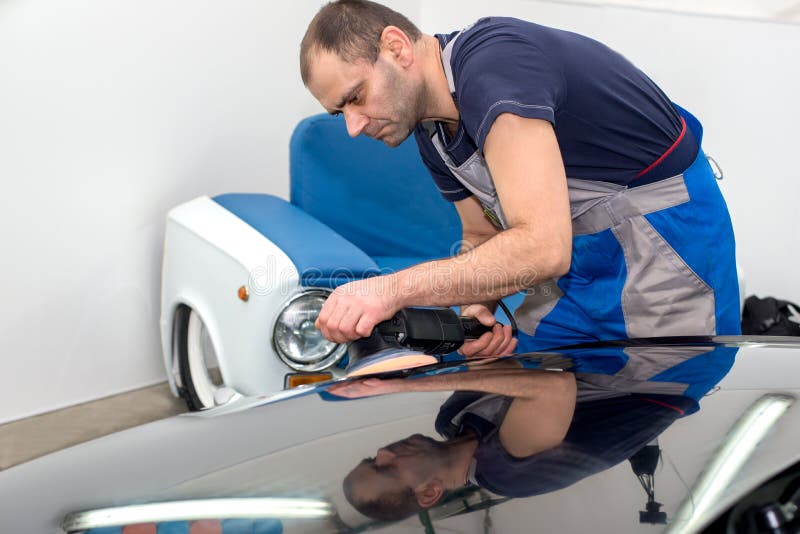 Polished black car stock image. Image of garage, fixing 95023349