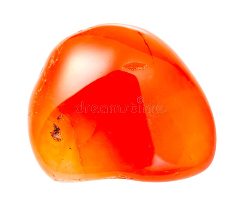 closeup of sample of natural mineral from geological collection - polished Carnelian (cornelian) gemstone isolated on white background