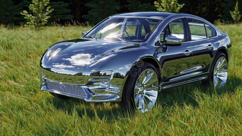 Polished chrome luxury sedan blending into lush green landscape, mirroring surrounding trees and azure sky with seamless vector illustration
