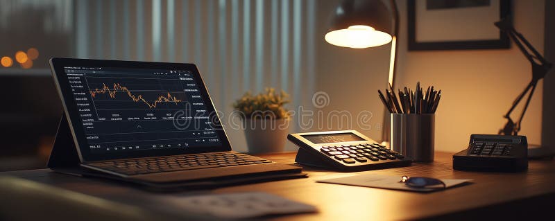Polished desk setup displaying stock market trends with tablet and calculator in evening light stock photo