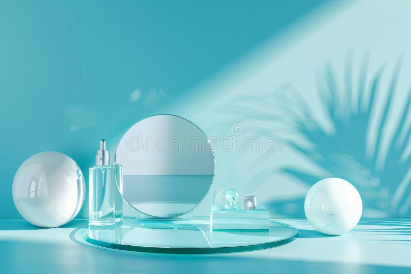 Polished glass product display podium on a vibrant cyan background: Modern and sleek, ideal for stock image