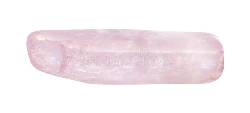 closeup of sample of natural mineral from geological collection - polished Kunzite (lilac Spodumene) gemstone isolated on white background. closeup of sample of natural mineral from geological collection - polished Kunzite (lilac Spodumene) gemstone isolated on white background