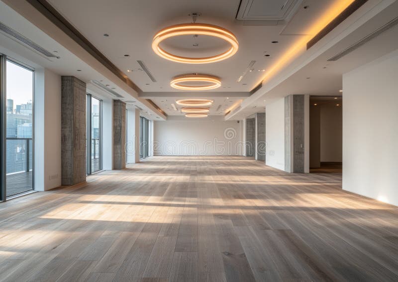 Polished light gray laminate flooring featuring a subtle wood grain pattern elegantly enhances the modern commercial stock images