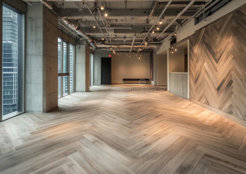 The polished light gray laminate flooring, offering a subtle wood grain pattern, beautifully harmonizes with the sleek stock photos